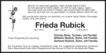 Traueranzeige von Frieda Rubick von Pegnitz-Zeitung